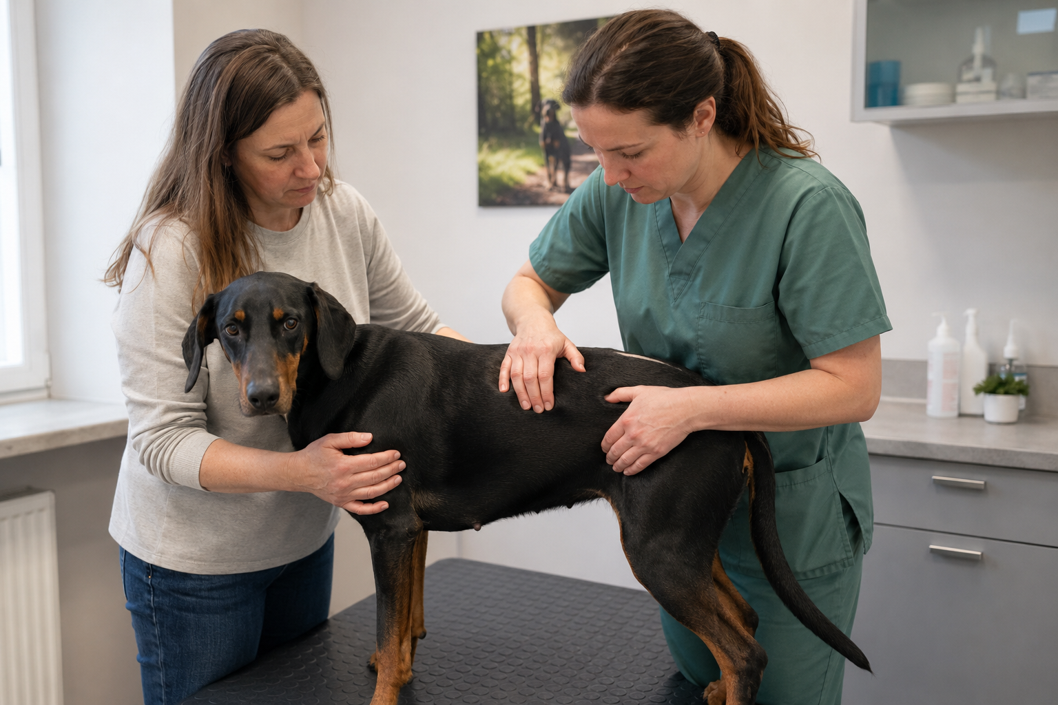Veterinářka vyšetřuje svaly podél páteře krátkosrstého psa